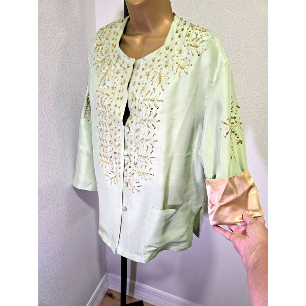 Linea by Louis Dell'Olio Green Silk Embroidered Gold Beads Pockets Sz M Cocktail